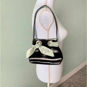 Vintage 90 Y2K Vamp Girls Handmade Black Faux Leather Blue Satin Bow Mini Bag